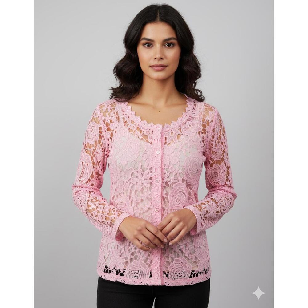 Women's Lace Pink Overlay Top Long Sleeve Crew Neck Size Small